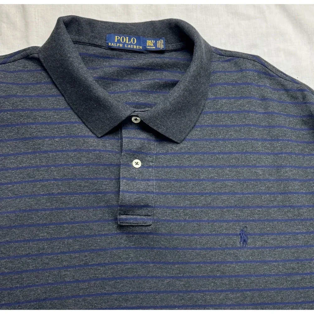Polo Ralph Lauren Mens 3XLT Long Sleeve Striped Polo Shirt Grey Navy Blue‎ Tall
